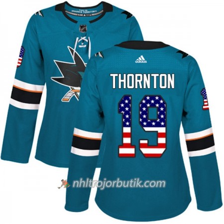 Dame Ishockey San Jose Sharks Tröja Joe Thornton 19 Adidas 2017-2018 Teal USA Flag Fashion Authentic